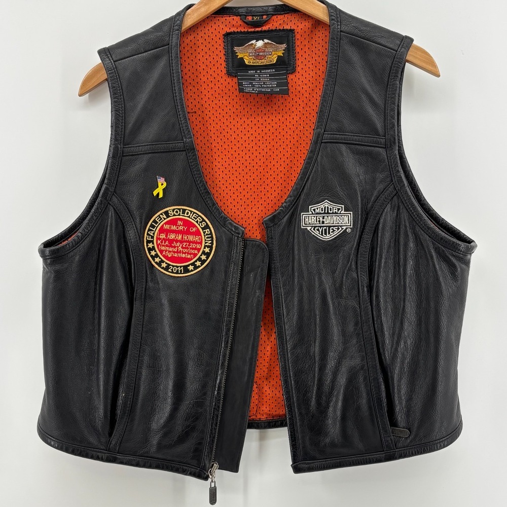 Harley-Davidson Mens Black Leather Full Zip Motorcycle Vest Patches XL RN103819